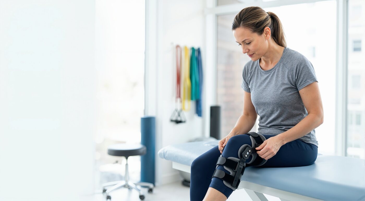 Patient adjusting a knee brace after surgery